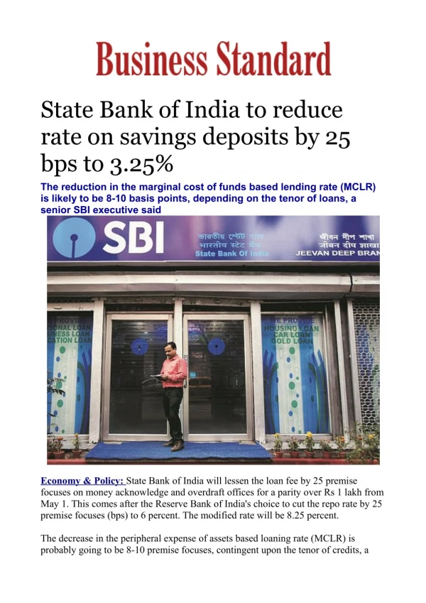 State Bank of India to reduce rate on savings deposits by 25 bps to 3.25%