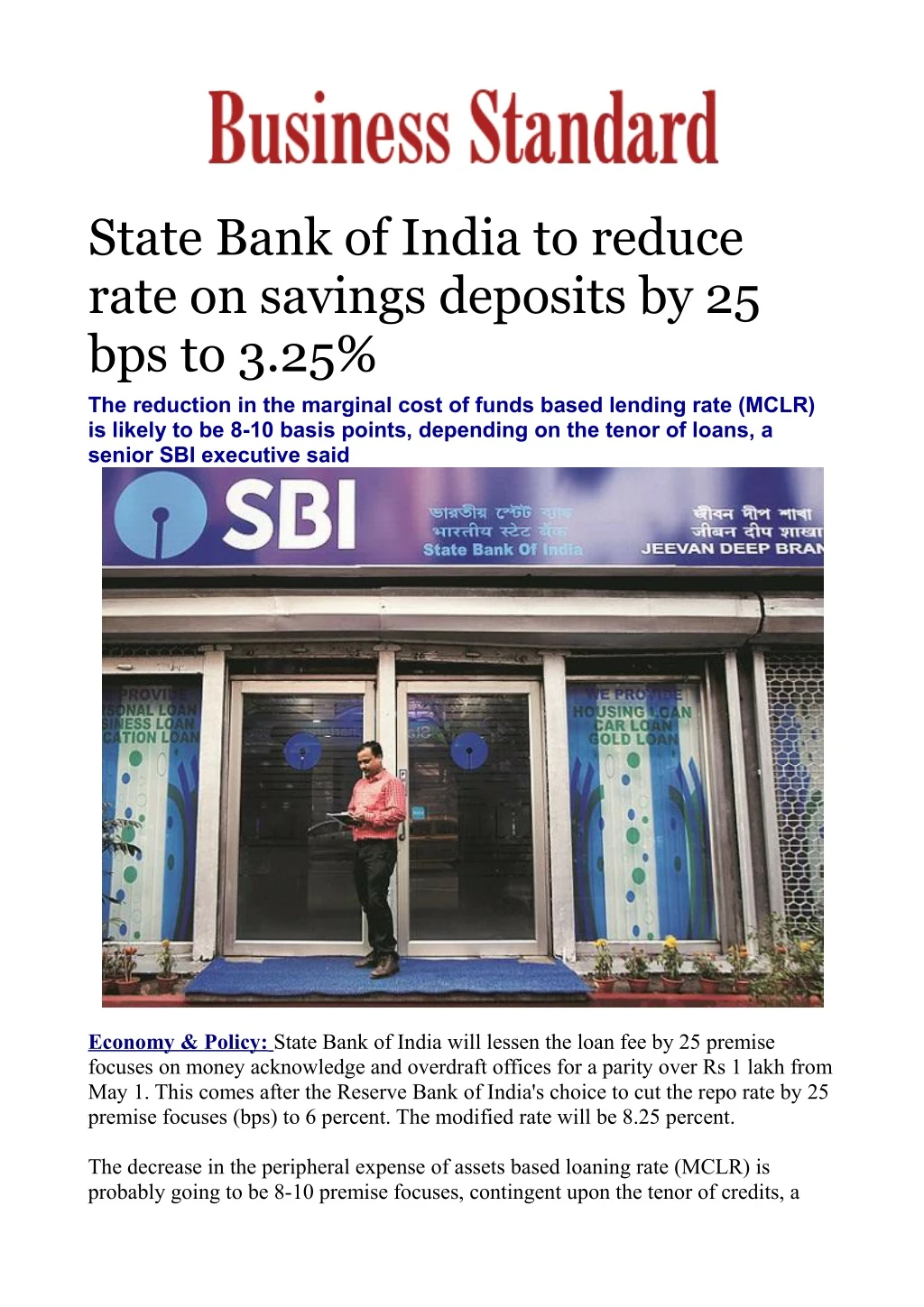 state bank of india to reduce rate on savings