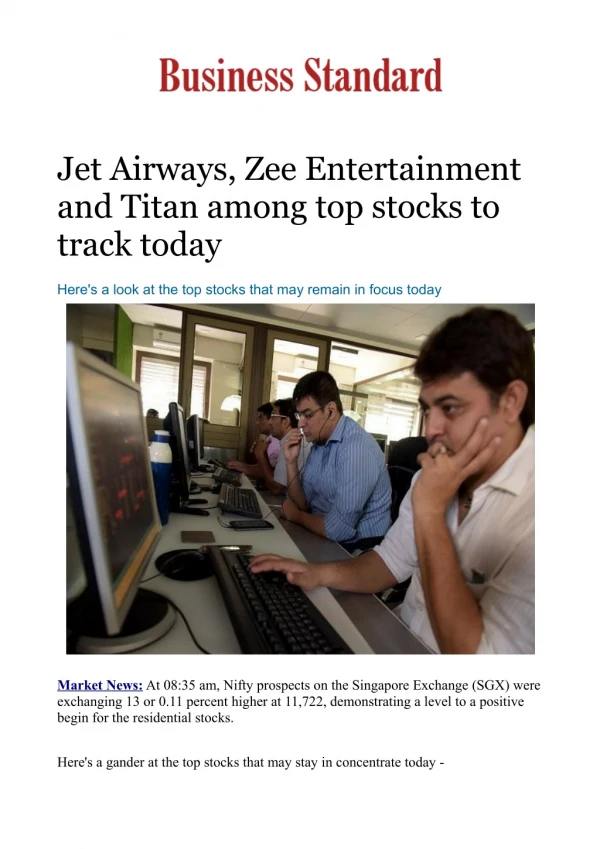 Jet Airways, Zee Entertainment and Titan among top stocks to track today