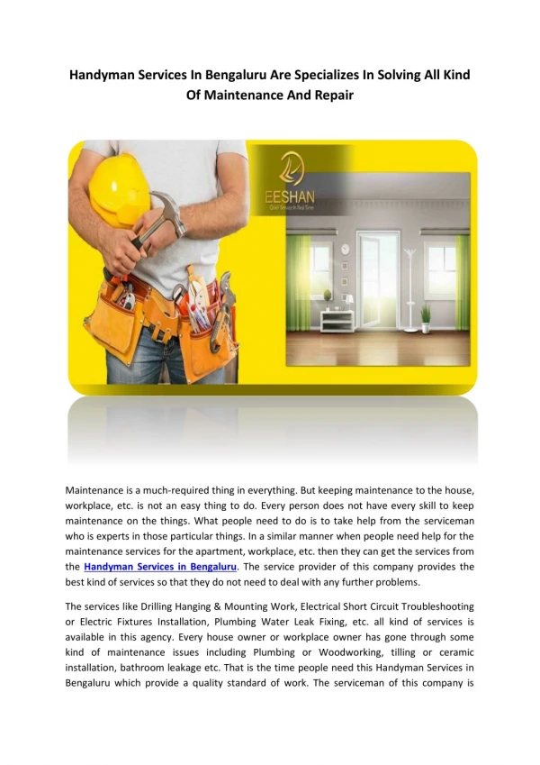 handyman services in bengaluru are specializes