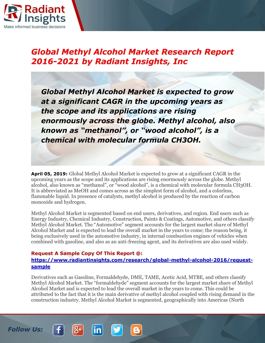 global methyl alcohol market research report 2016