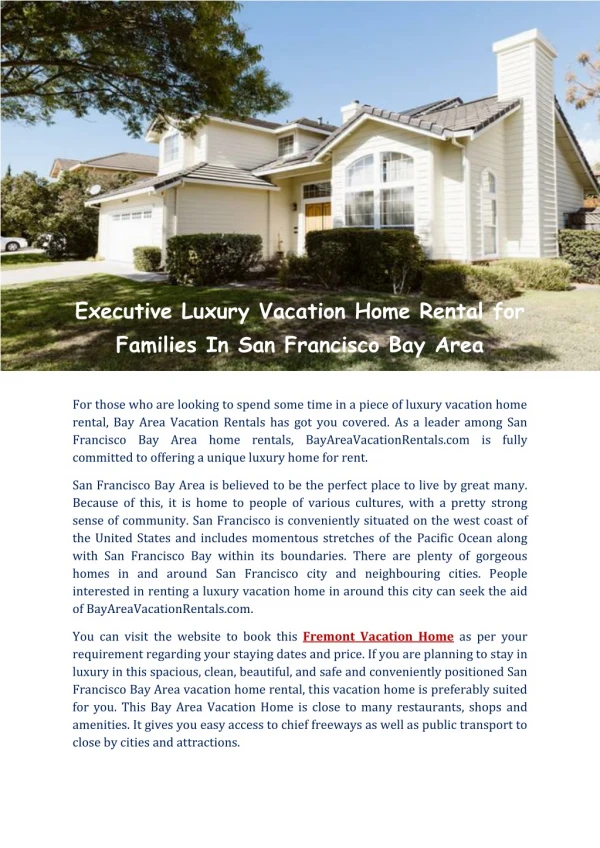 Vacation Homes for Rent in San Francisco Bay Area