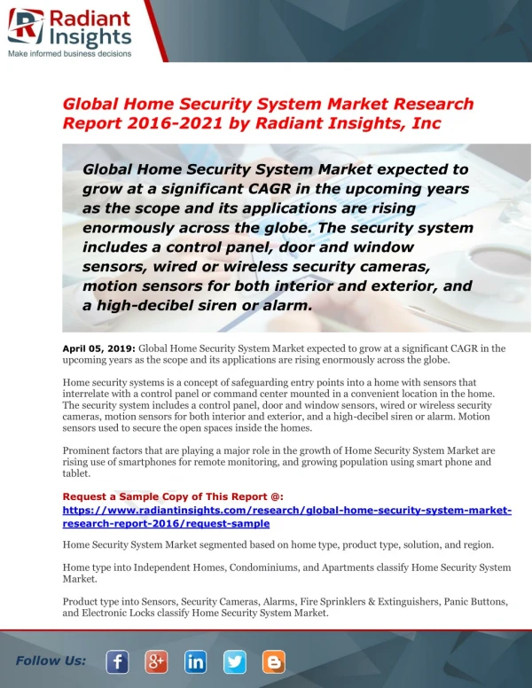 Home Security System Market Size | Status | Top Players | Trends and Forecast to 2021