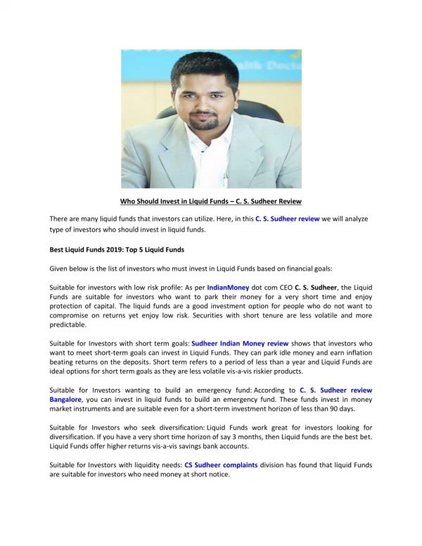 Who Should Invest in Liquid Funds – C. S. Sudheer Review