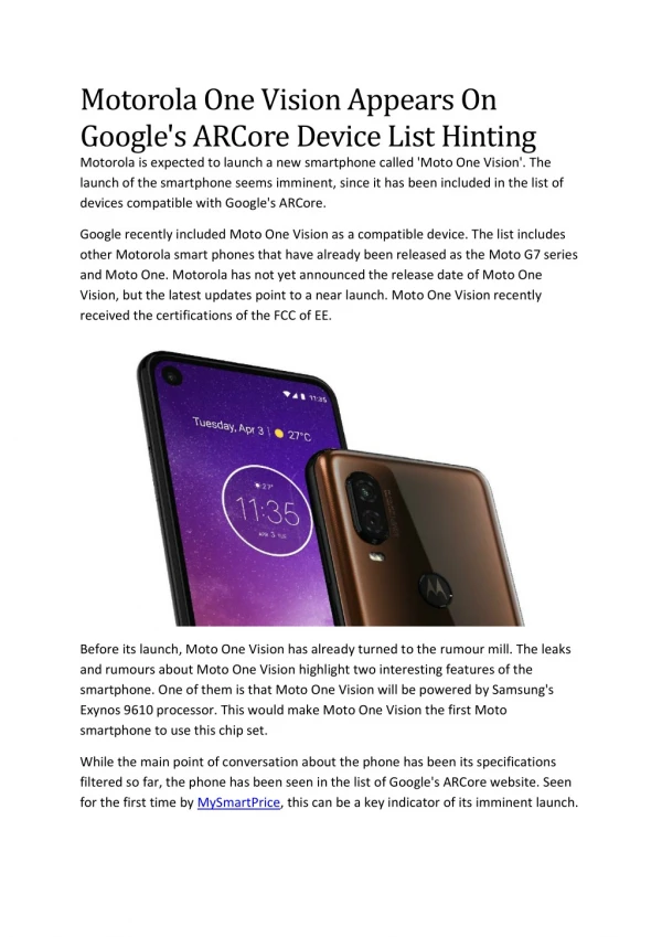 Motorola One Vision Appears on Google's ARCore Device List Hinting
