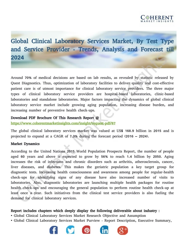 Global Clinical Laboratory Services Market, By Test Type and Service Provider - Trends, Analysis and Forecast till 2024