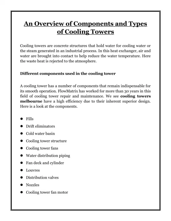 An Overview of Components and Types of Cooling Towers