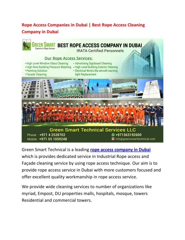 Rope Access Companies in Dubai | Rope Access Cleaning Company in Dubai