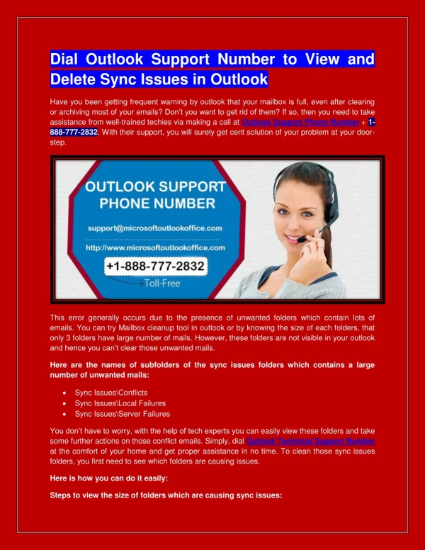 Dial Outlook Support Number to View and Delete Sync Issues in Outlook