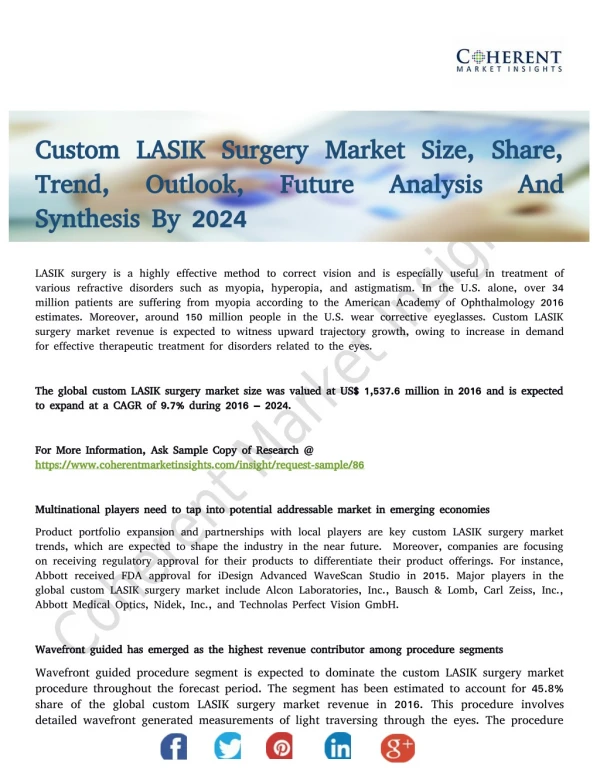 Custom LASIK Surgery Market Explores The Future And Immense Growth By 2024