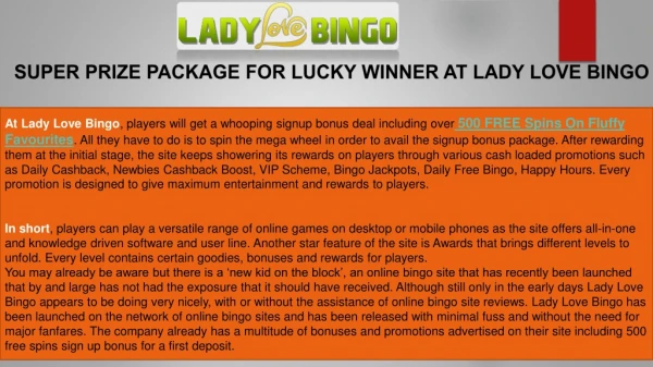 SUPER PRIZE PACKAGE FOR LUCKY WINNER AT LADY LOVE BINGO