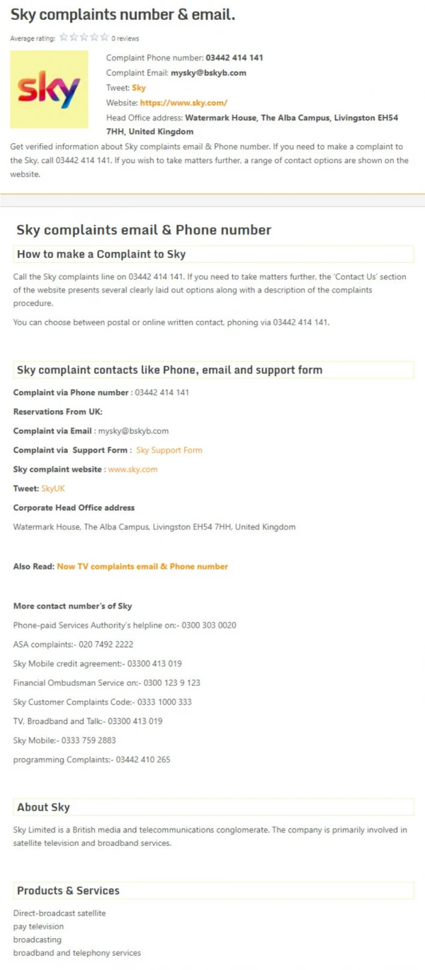 Sky complaints number & email.