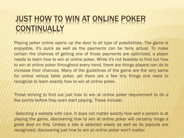 Just how To Win At Online Poker Continually