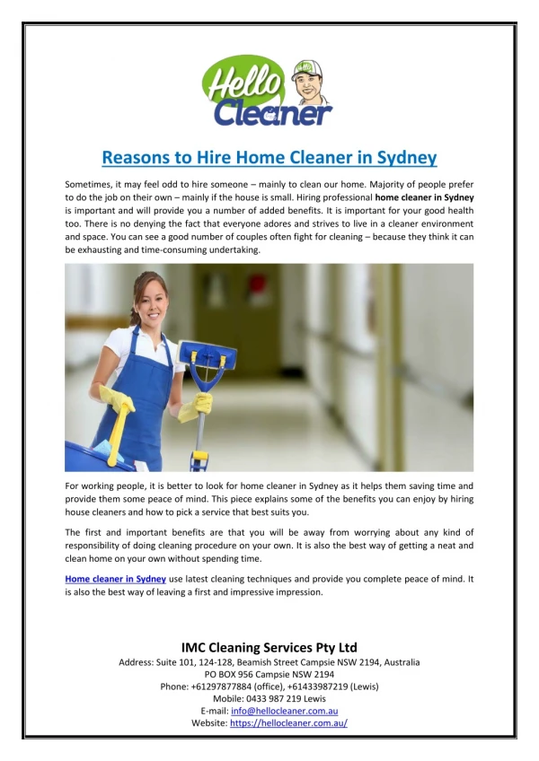 Reasons to Hire Home Cleaner in Sydney