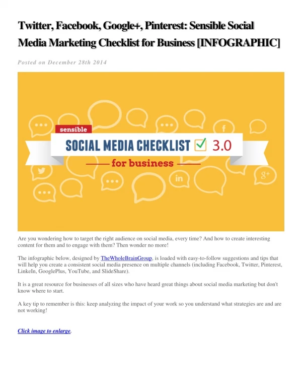 Sensible social media marketing checklist for business by the Whole Brain Group