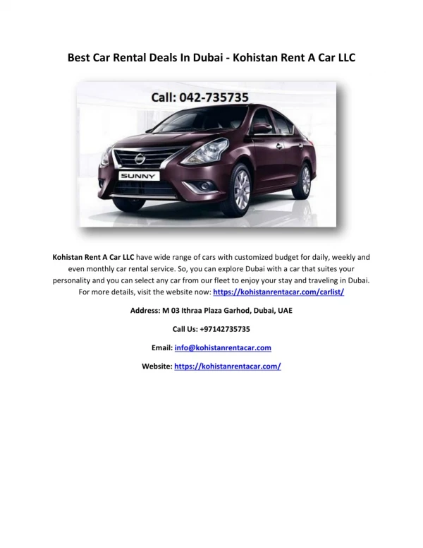 Best Car Rental Deals In Dubai - Kohistan Rent A Car LLC