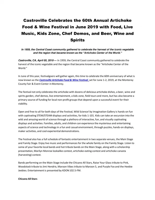 Castroville Celebrates the 60th Annual Artichoke Food & Wine Festival in June 2019 with Food