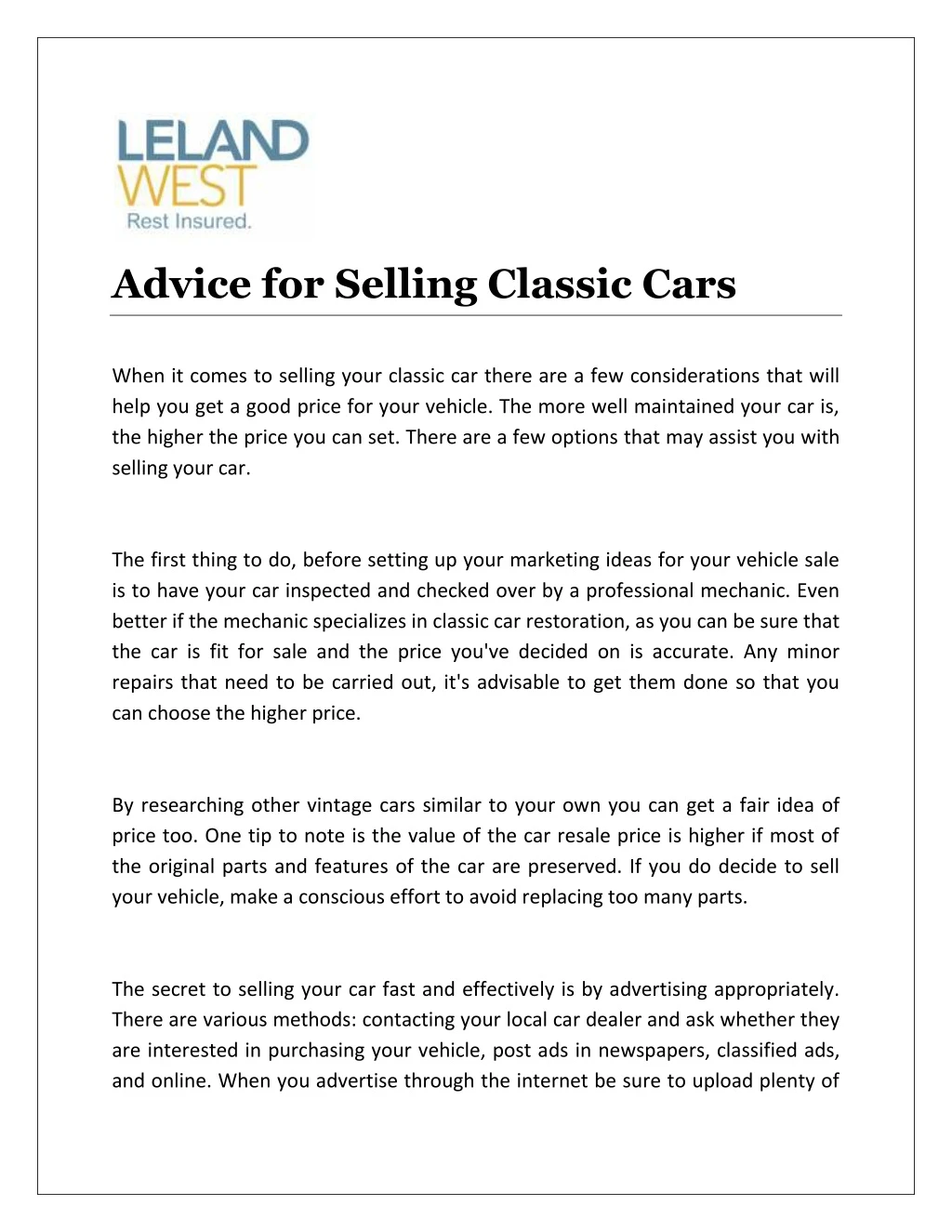 advice for selling classic cars