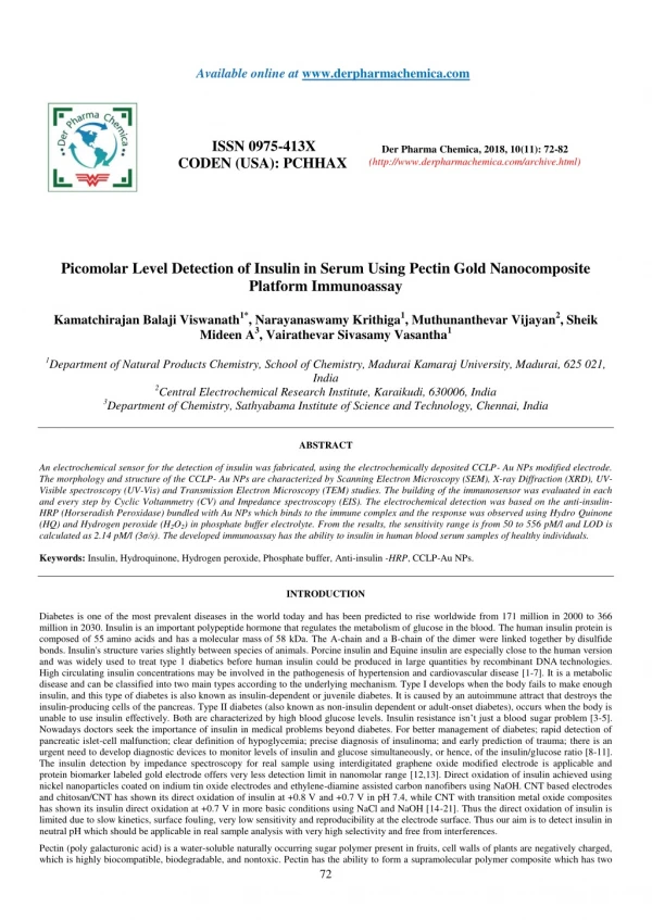 Picomolar Level Detection of Insulin in Serum Using Pectin Gold Nanocomposite Platform Immunoassay