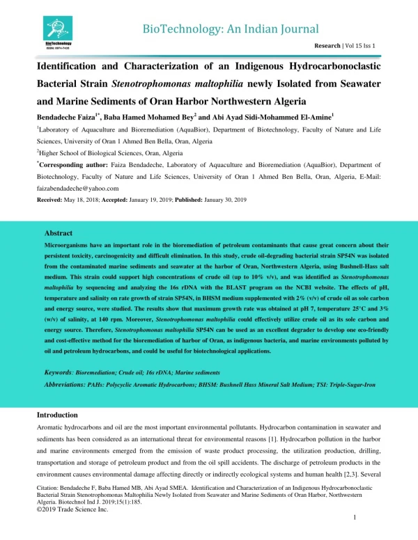 Identification and Characterization of an Indigenous Hydrocarbonoclastic Bacterial Strain Stenotrophomonas maltophilia n