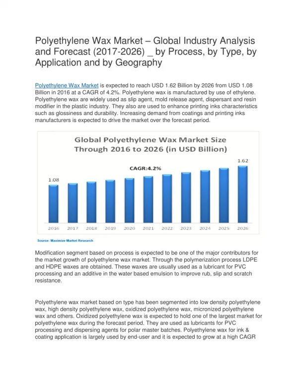Polyethylene Wax Market – Global Industry Analysis and Forecast (2017-2026)
