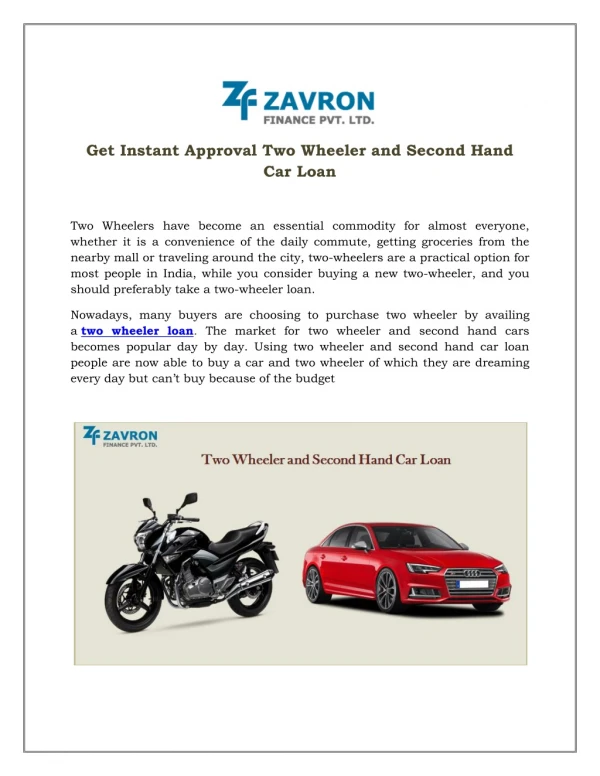 Get Instant Approval Two Wheeler and Second Hand Car Loan