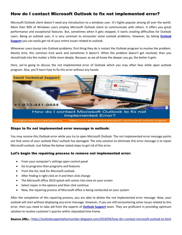 How do I contact Microsoft Outlook to fix not implemented error?