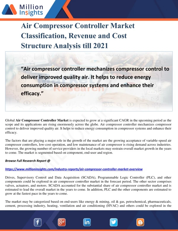 Air Compressor Controller Market Classification, Revenue and Cost Structure Analysis till 2021