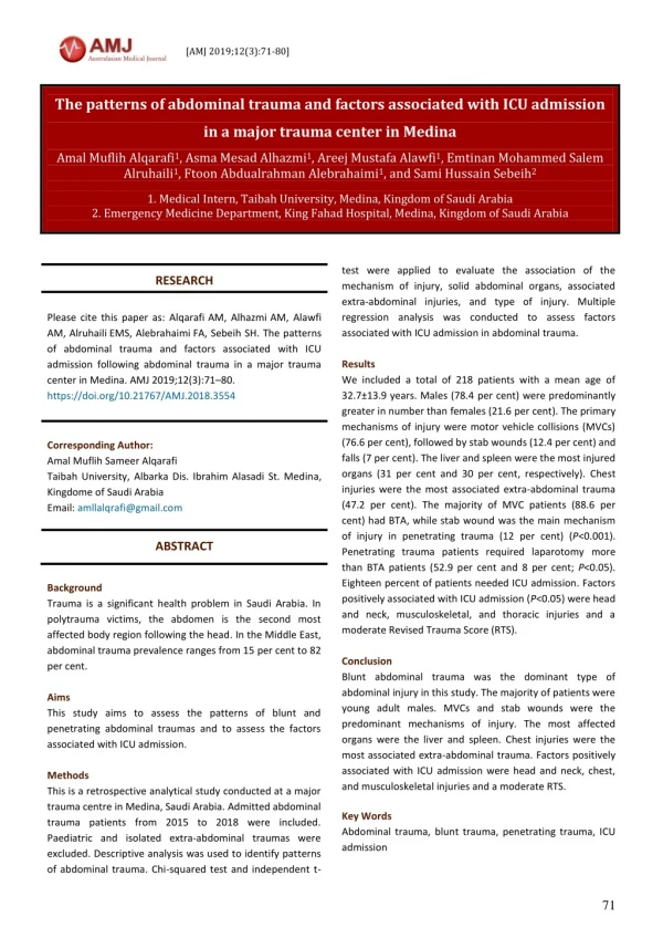 The patterns of abdominal trauma and factors associated with ICU admission in a major trauma center in Medina