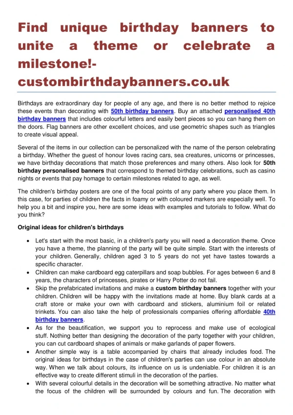 Find unique birthday banners to unite a theme or celebrate a milestone!- custombirthdaybanners.co.uk