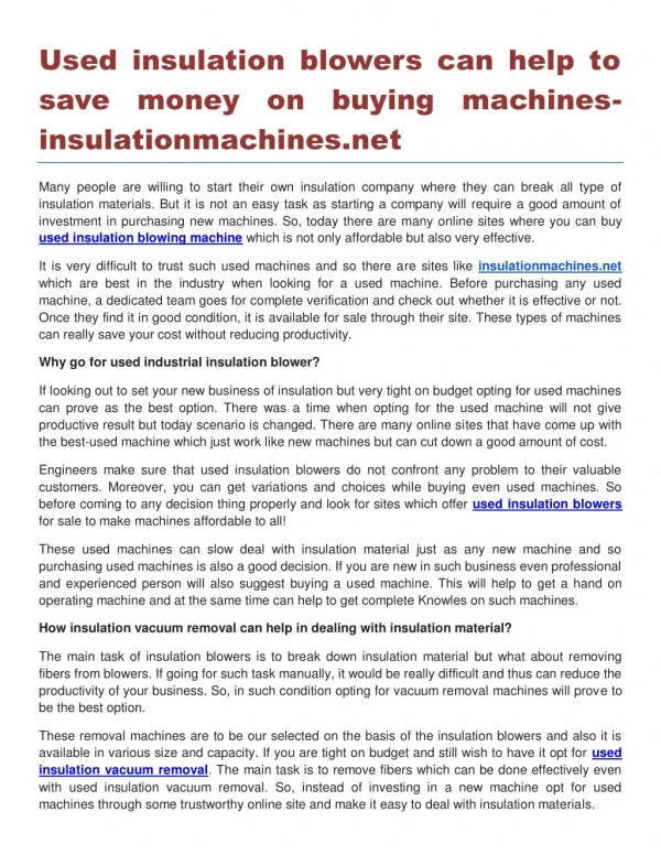 Used insulation blowers can help to save money on buying machines insulationmachines.net