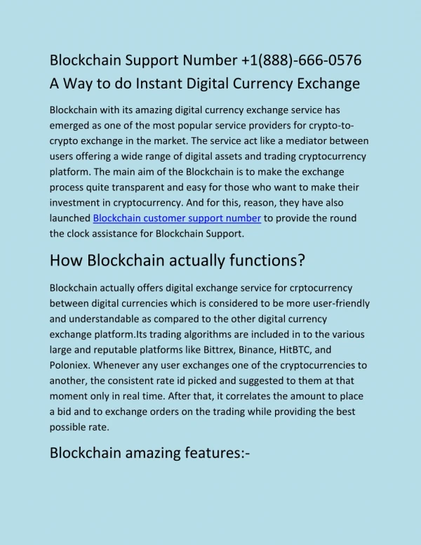 Blockchain Support Number 1(888)-666-0576 A Way to do Instant Digital Currency Exchange@1w