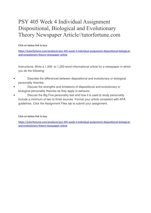 PSY 405 Week 4 Individual Assignment Dispositional, Biological and Evolutionary Theory Newspaper Article//tutorfortune.c