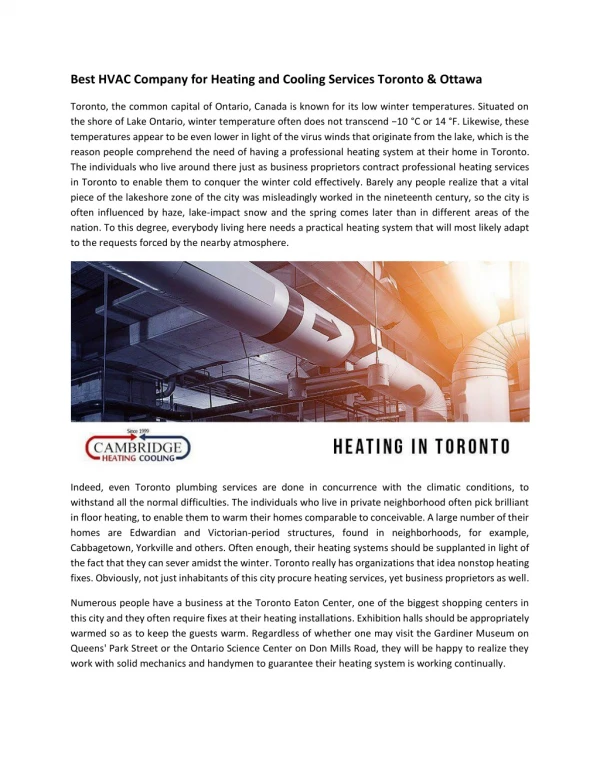 Best HVAC Company For Heating and Cooling Services Toronto & Ottawaa