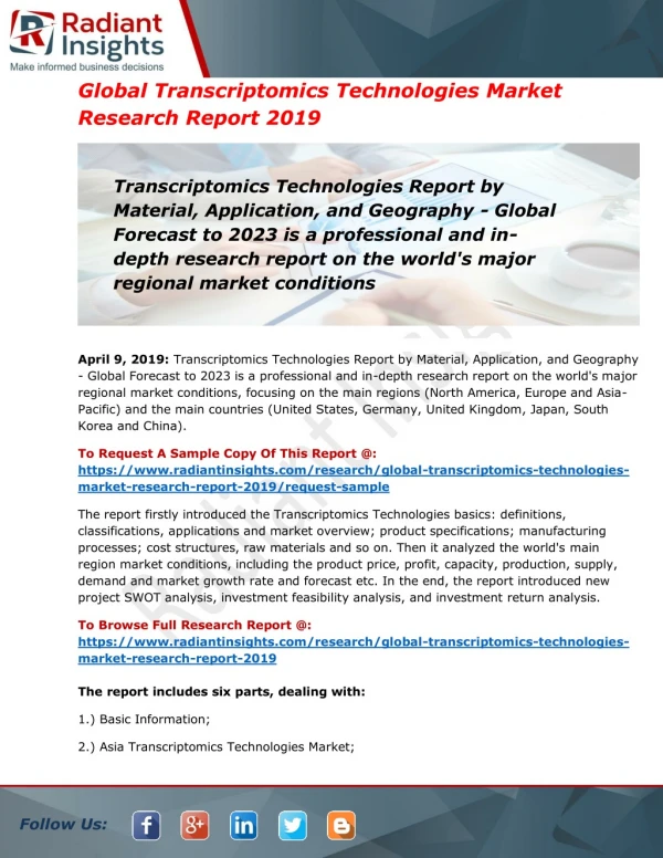 Global Transcriptomics Technologies Market Share, Size, Future Demand, Global Research, Top Leading player, Emerging Tre