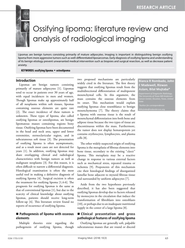 Ossifying lipoma: literature review and analysis of radiological imaging