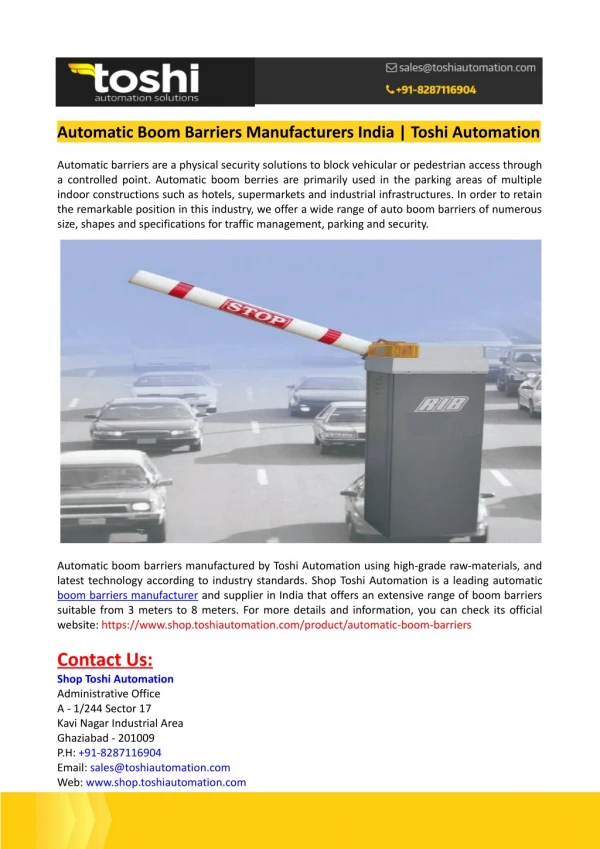 Automatic Boom Barriers Manufacturers India-Shop Toshi Automation