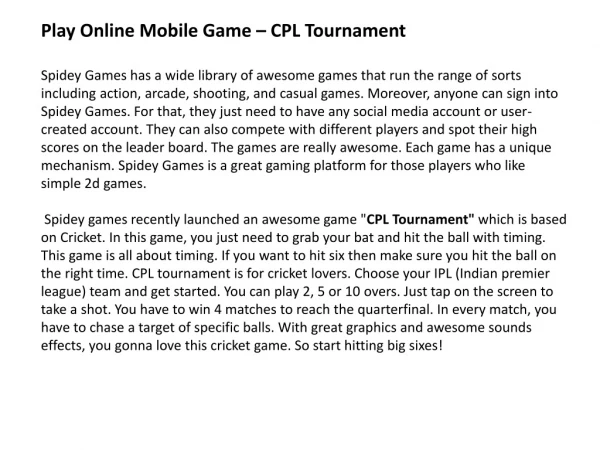 Play CPL Tournament on Spidey Games