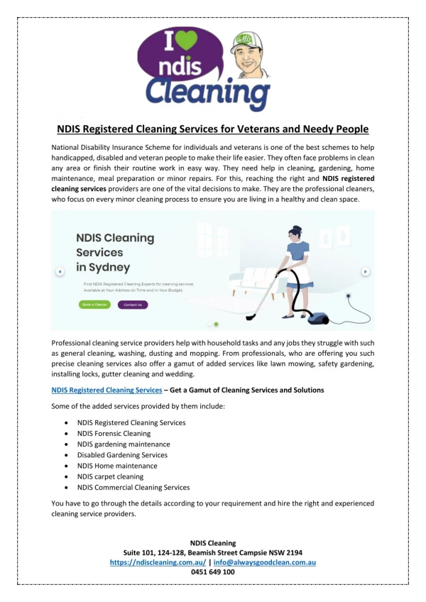 NDIS Registered Cleaning Services for Veterans and Needy People