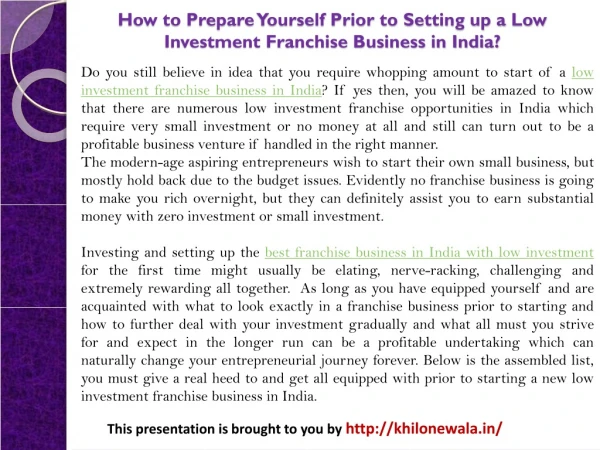 How to Prepare Yourself Prior to Setting up a Low Investment Franchise Business in India?