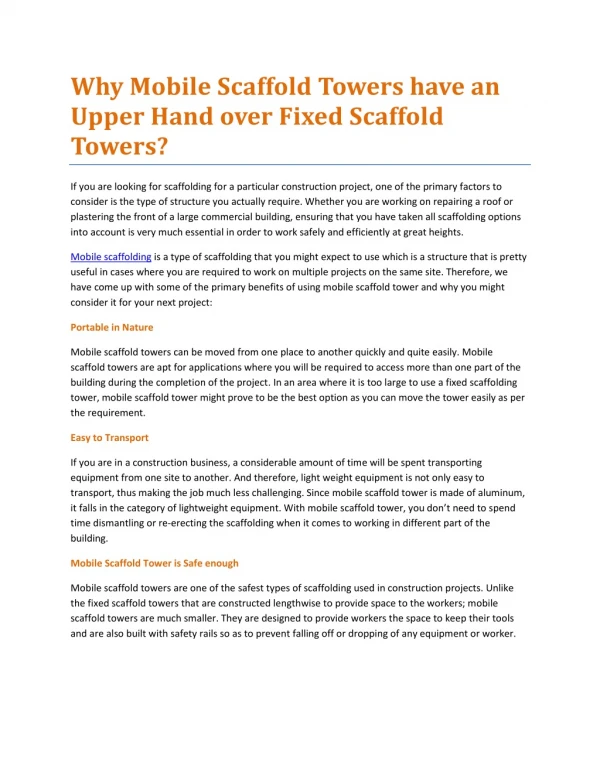 Why Mobile Scaffold Towers have an Upper Hand over Fixed Scaffold Towers