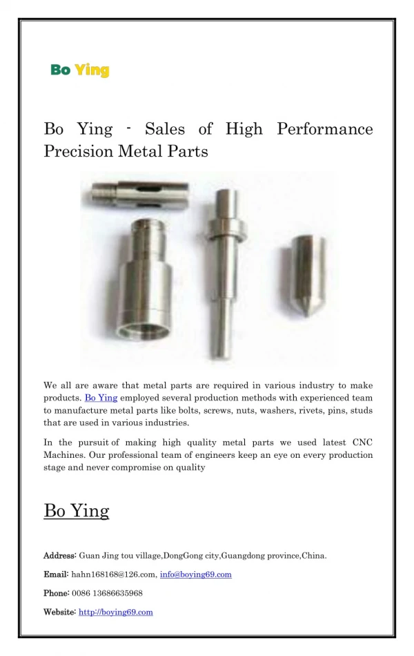 Bo Ying - Sales of High Performance Precision Metal Parts