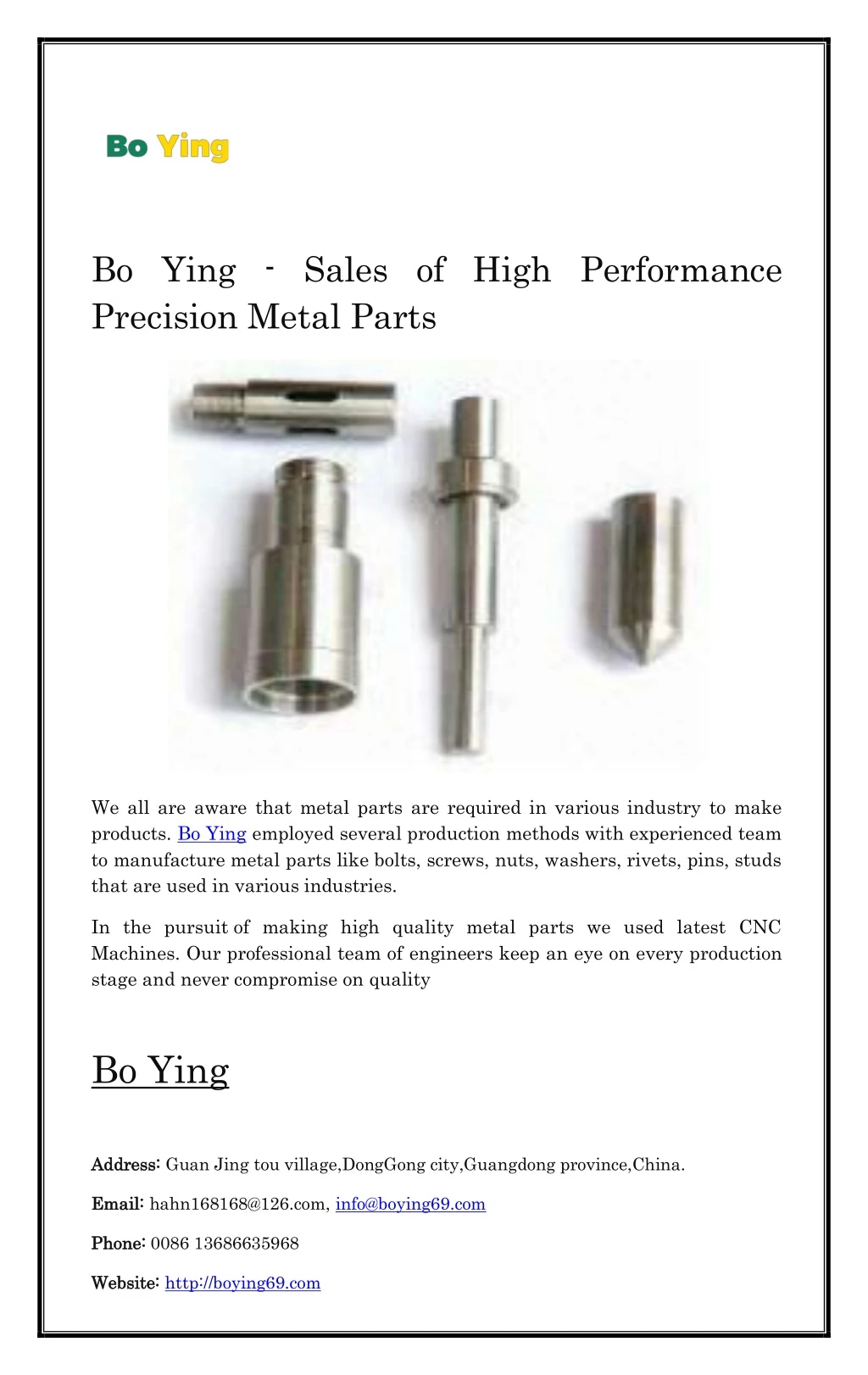bo ying sales of high performance precision metal