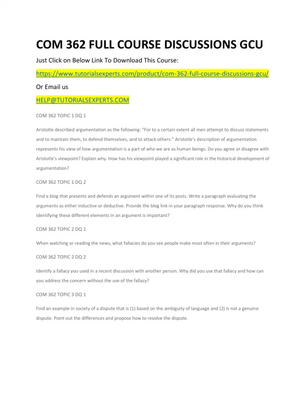 COM 362 FULL COURSE DISCUSSIONS GCU