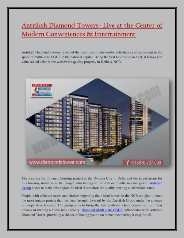 Antriksh Diamond Towers- Live at the Center of Modern Conveniences & Entertainment