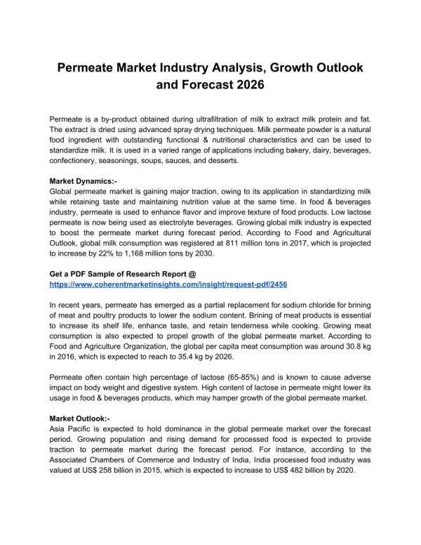 Permeate Market Industry Analysis, Growth Outlook and Forecast 2026