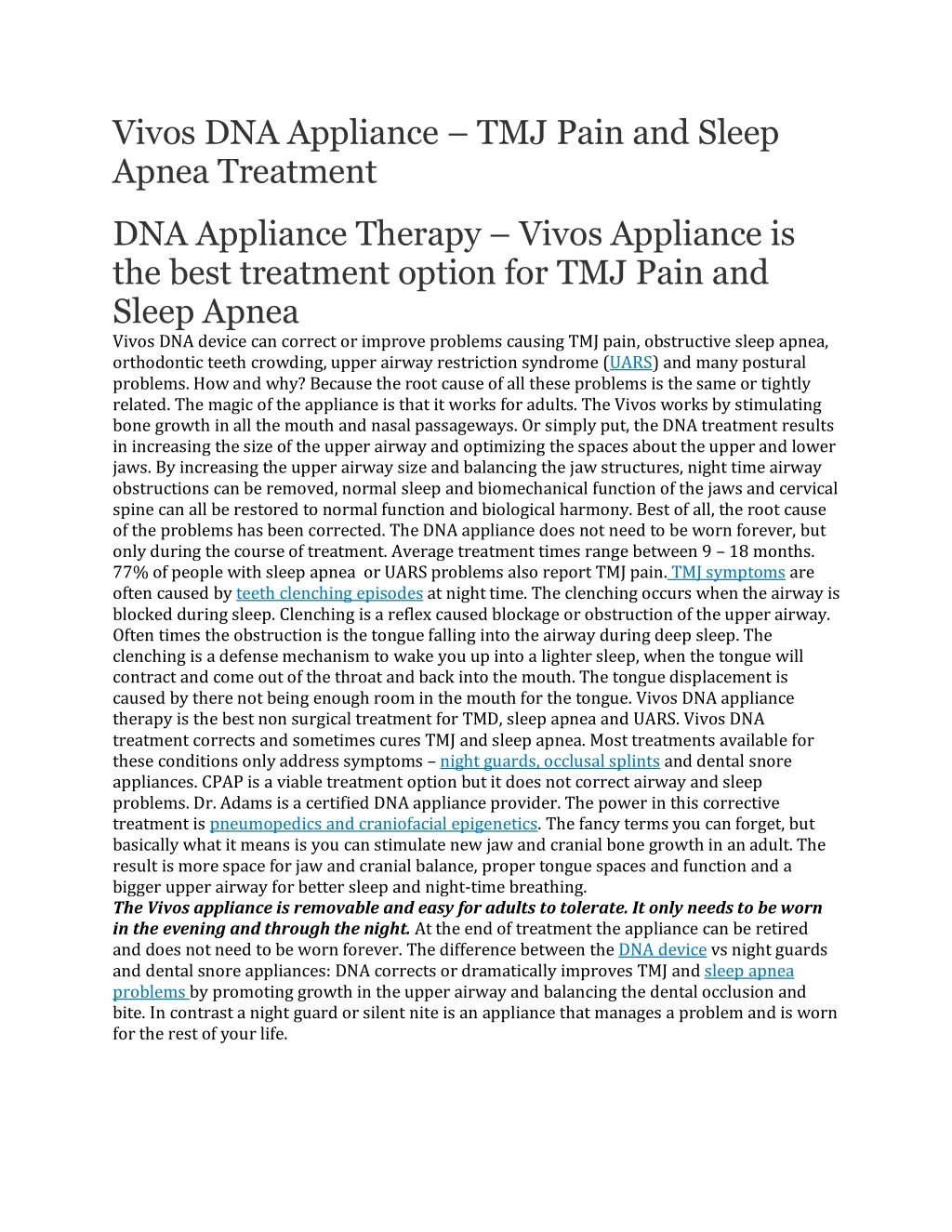 vivos dna appliance tmj pain and sleep apnea