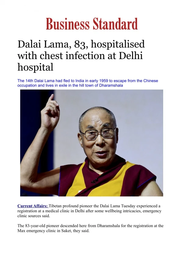 Dalai Lama, 83, hospitalised with chest infection at Delhi hospital
