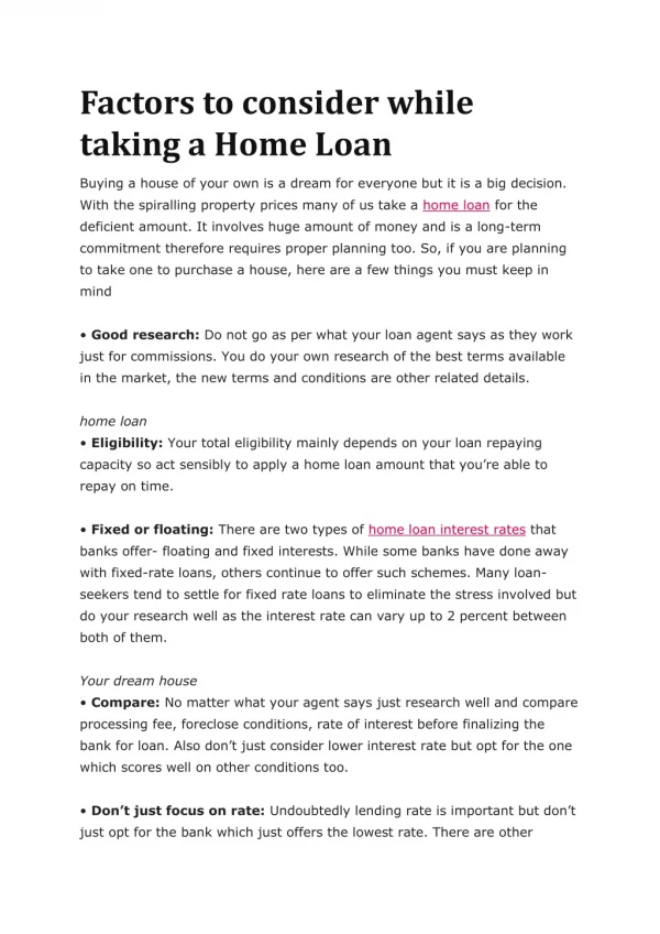 Things You Should consider while taking a Home Loan