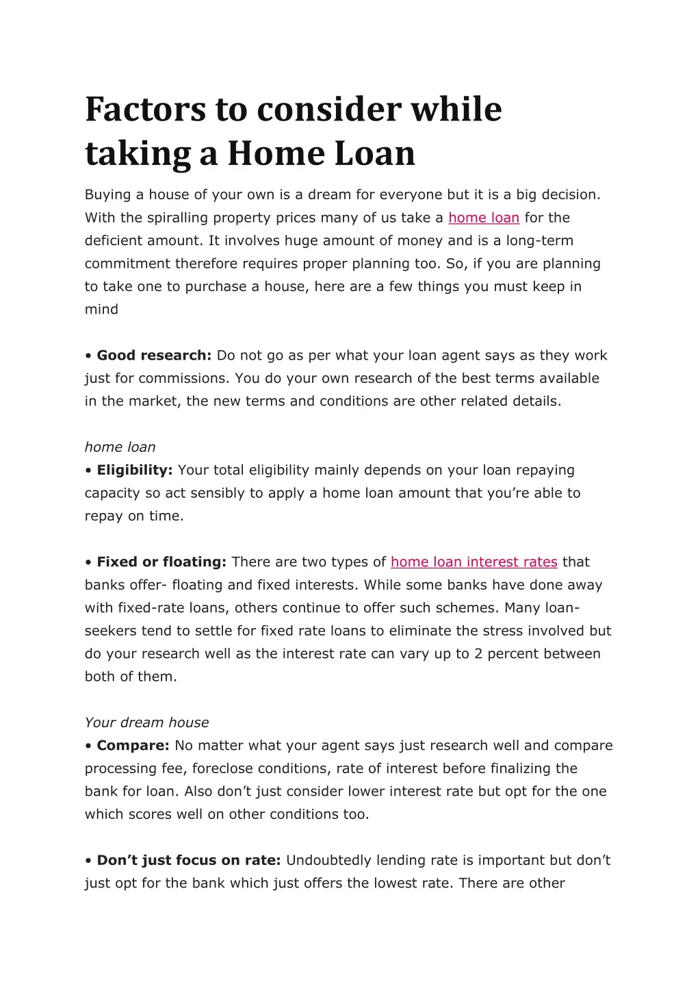 factors to consider while taking a home loan